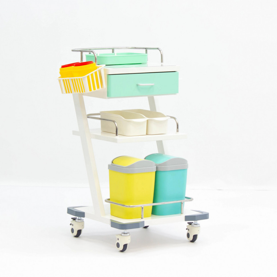 Тележка медицинская MET AVK-130 трехполочная с выдвижным ящиком и аксессуарами